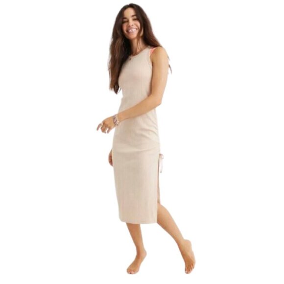 aerie Dresses & Skirts - Women's M NWT Aerie Beige Ruched Rib Midi Dress Sleeveless